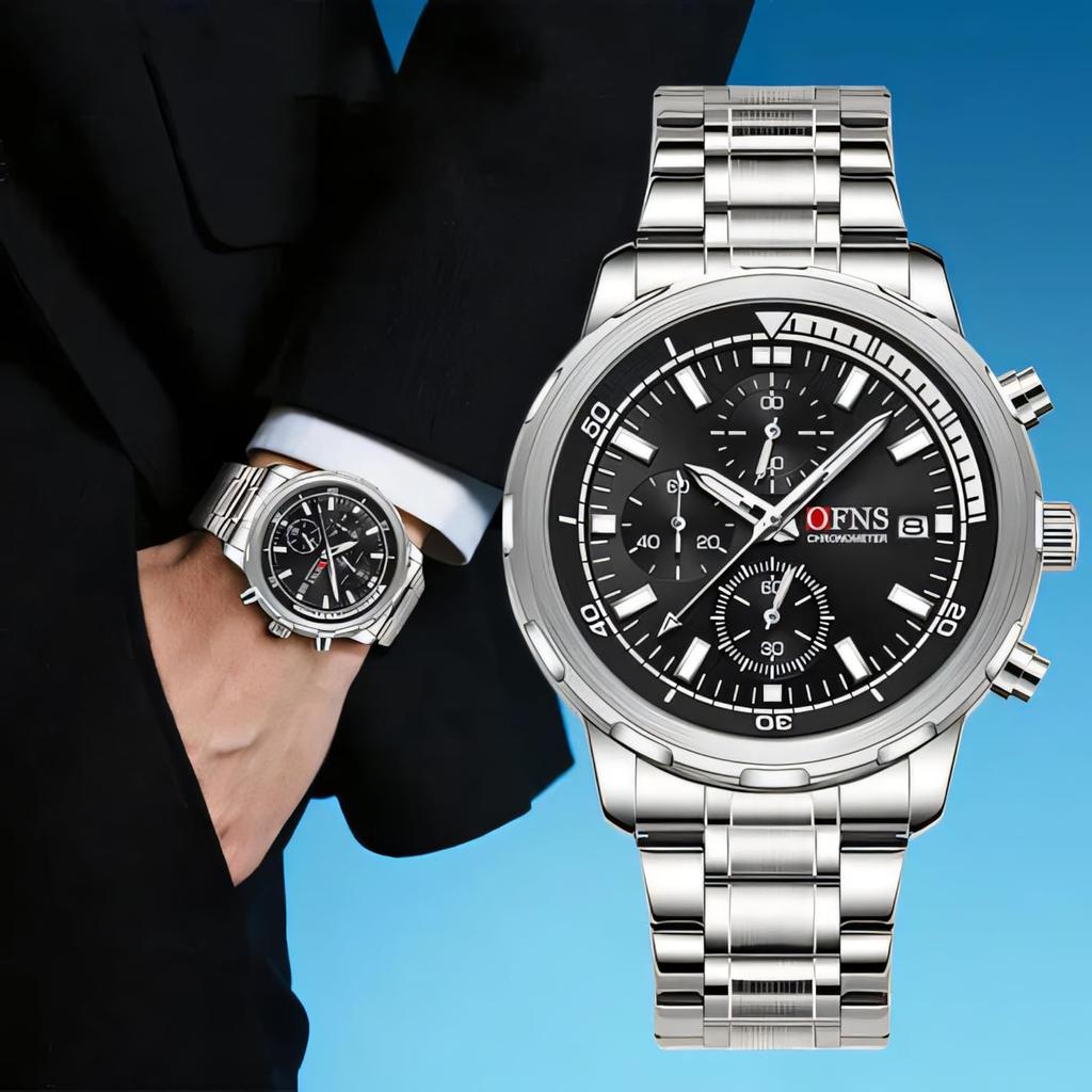 Men's Business and Leisure Watch with Three Eyes Six Needles Quartz Movement Night Light Display Waterproof Wristwatch