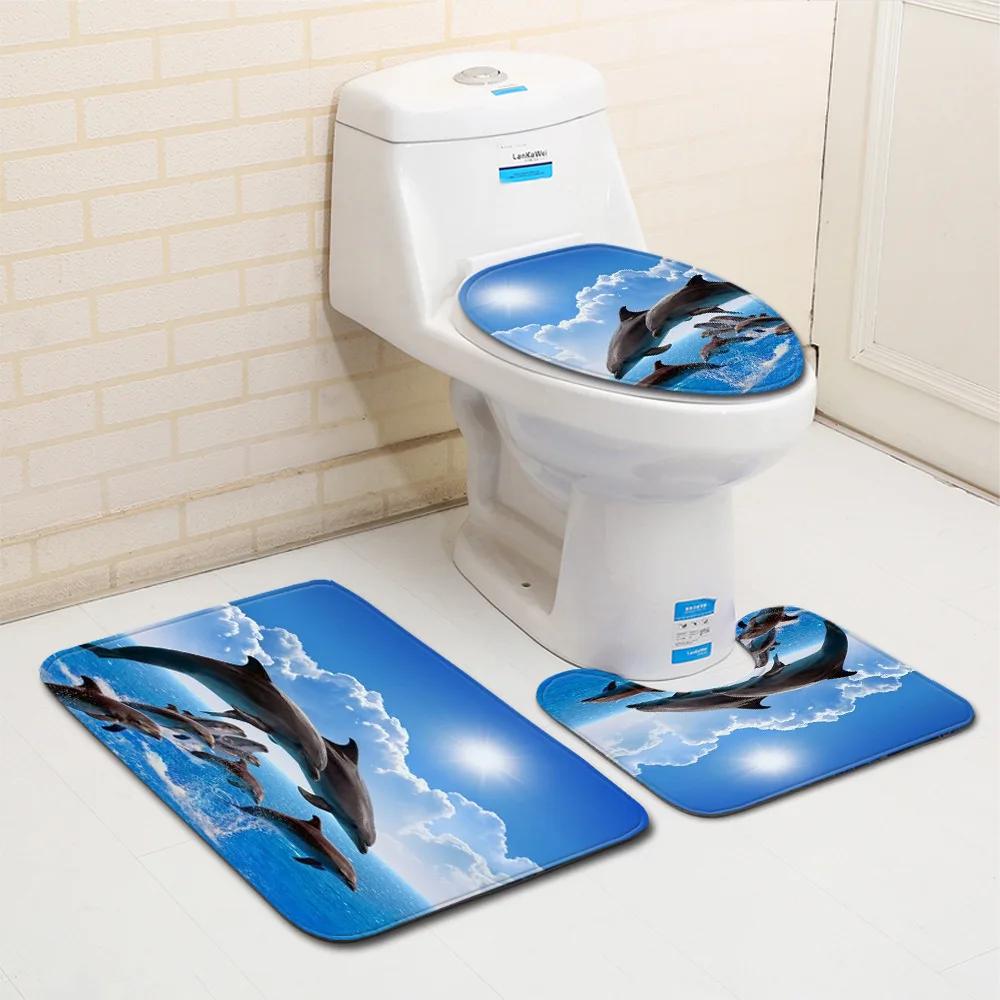 3D Ocean Seabed Animals Toilet Cover Bath Mat Sets Fish Dolphin Printed Bathroom Curtain Set Waterproof Fabric Shower Curtains