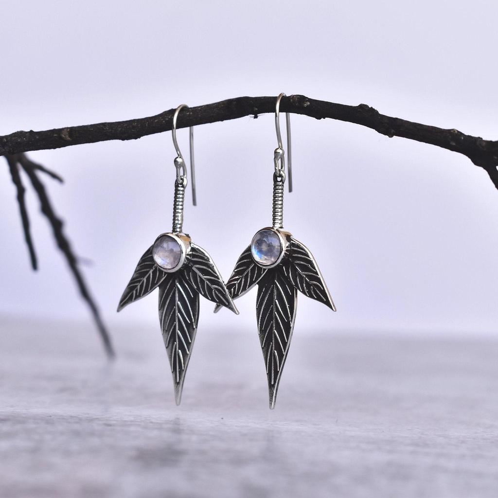 Nature Inspired Moonstone Dangle Earring, Moonstone Leafy Earring, Rainbow Moonstone Oxidized Dangle, Birthstone Earring, Bridesmaid Jewelry
