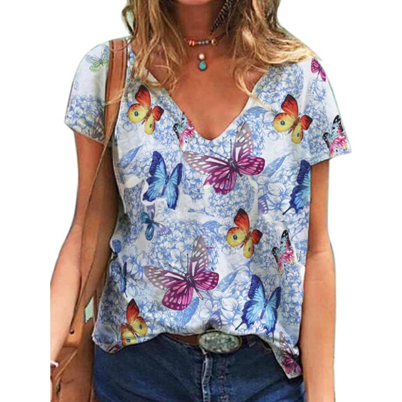 Sommer Schmetterling Libelle 3D V-Ausschnitt Bedruckt Neues Damen Top T-Shirt
