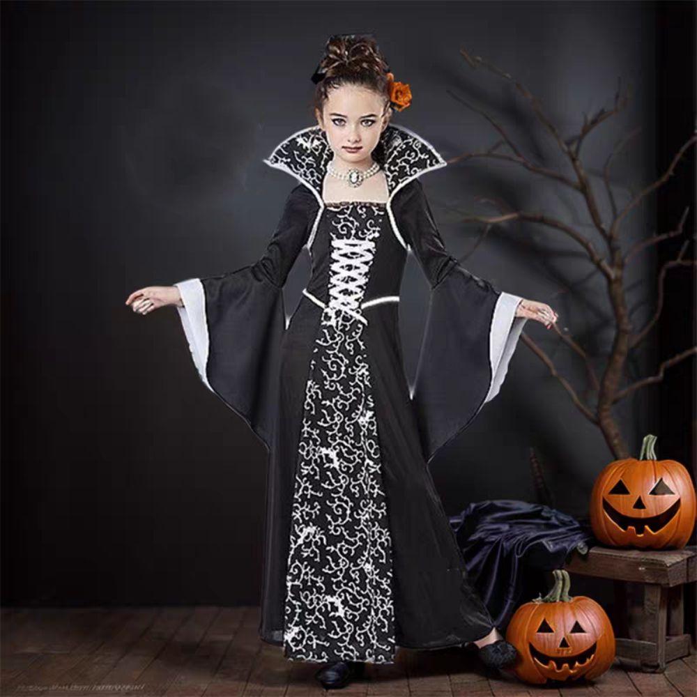 Lace Up Halloween Witch Long Dress Stand Collar Children Medieval Printed Dress  Kids