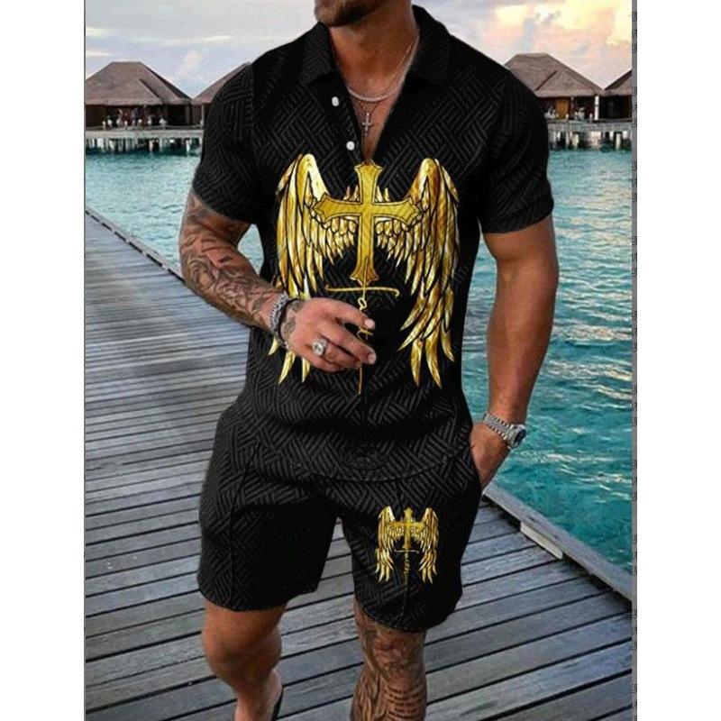 2025 summer men's 3D digital printing short-sleeved polo fashion sports and leisure suit foreign trade men's solid color