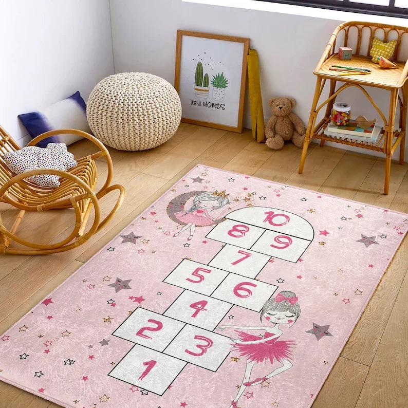 Bedroom Rug Entryway Rug Soft Rug Non-Slip Carpet Kids Room Rug Teen Girl Room Rug Ballet Girl Rabbit Rugs Entryway Rug Pink Rug