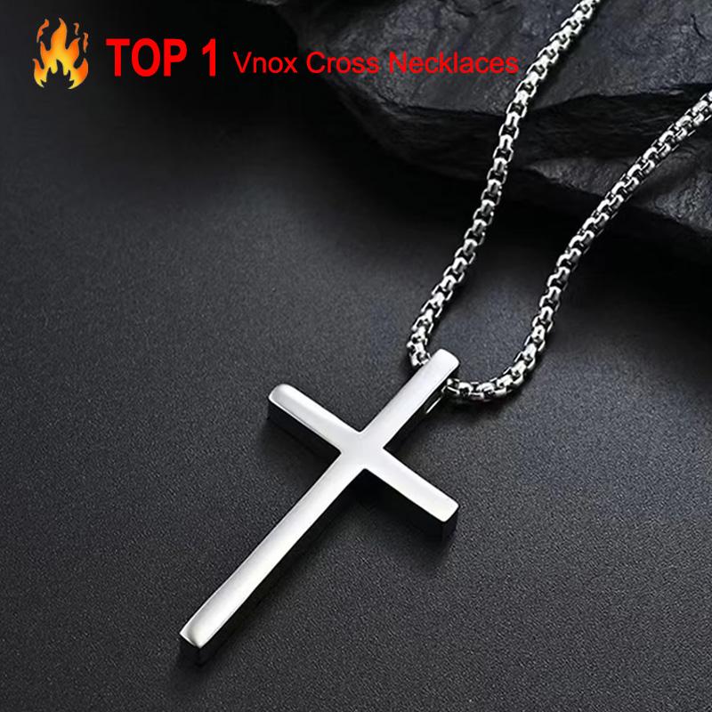 Vnox Cross Necklace for Men Women, Silver Plain Alloy Metal Cross Pendant Collar with Stainless Steel Box Chain