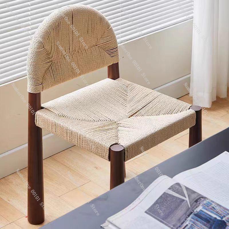 Retro Solid Wood Aquatic Plant Woven Rattan Chair, Designer's Homestay Restaurant Rattan Chair, Chinese-style Dining Chair