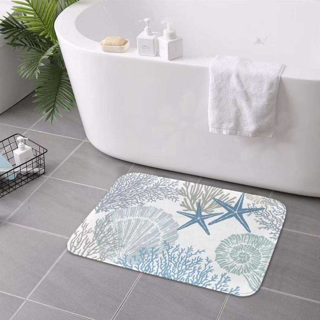 Coastal Beach Bath Mats for Bathroom,Nautical Ocean Seashells Starfish Absorbent Bath Rug Non-Slip Floor Rug Carpets Door Mat Washable Area Rugs for
