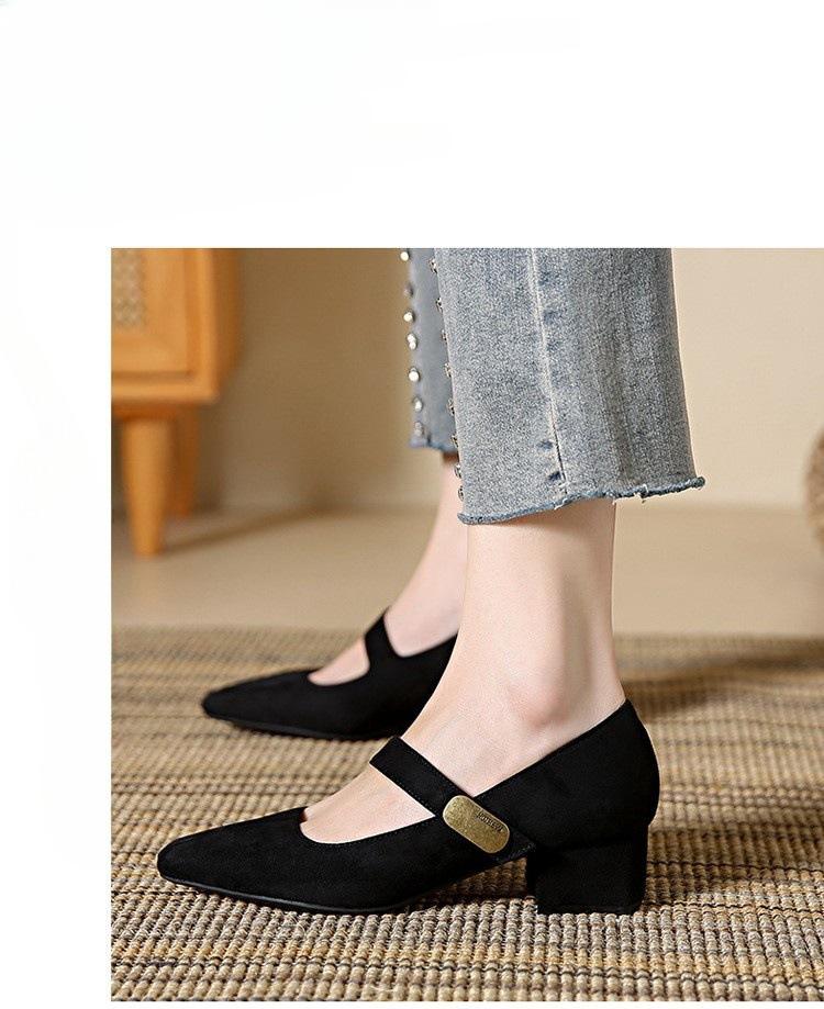 

Французские ретро туфли Мэри Джейн из замши на толстом каблуке для женщин, новая осенняя модель 2025 года, профессиональные туфли на высоком каблуке с квадратным носком 40 чёрный