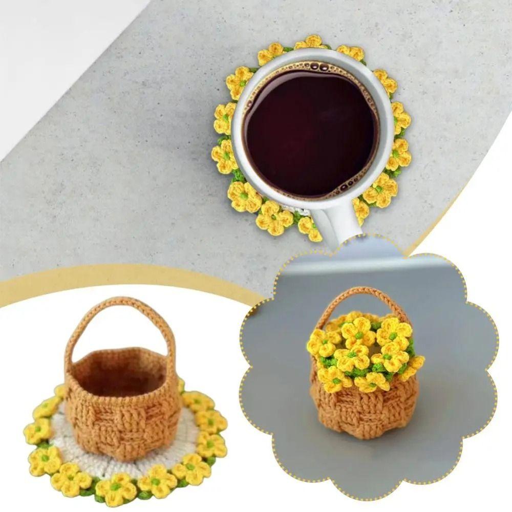 Polyester Handgestrickter Rosenstrauß Handgestrickter Häkelblumentopf Neue Häkelblumen-Tassenuntersetzer Geschenk