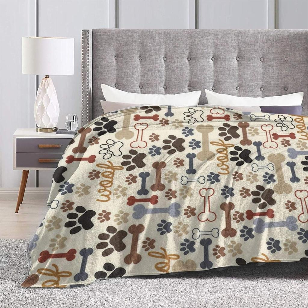Dog Paws And Bones Print Throw Blanket Flannel Fleece Blankets Soft Plush For Sofa Couch Bedroom Gift