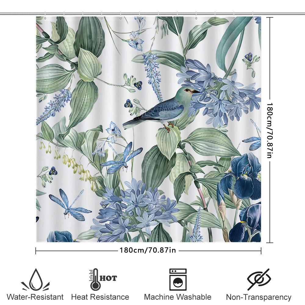 Elegant Blue Bird And Flower Shower Curtain Nature-Inspired Bathroom Decor With Vibrant Colors And Detailed Patterns Easy-Clean