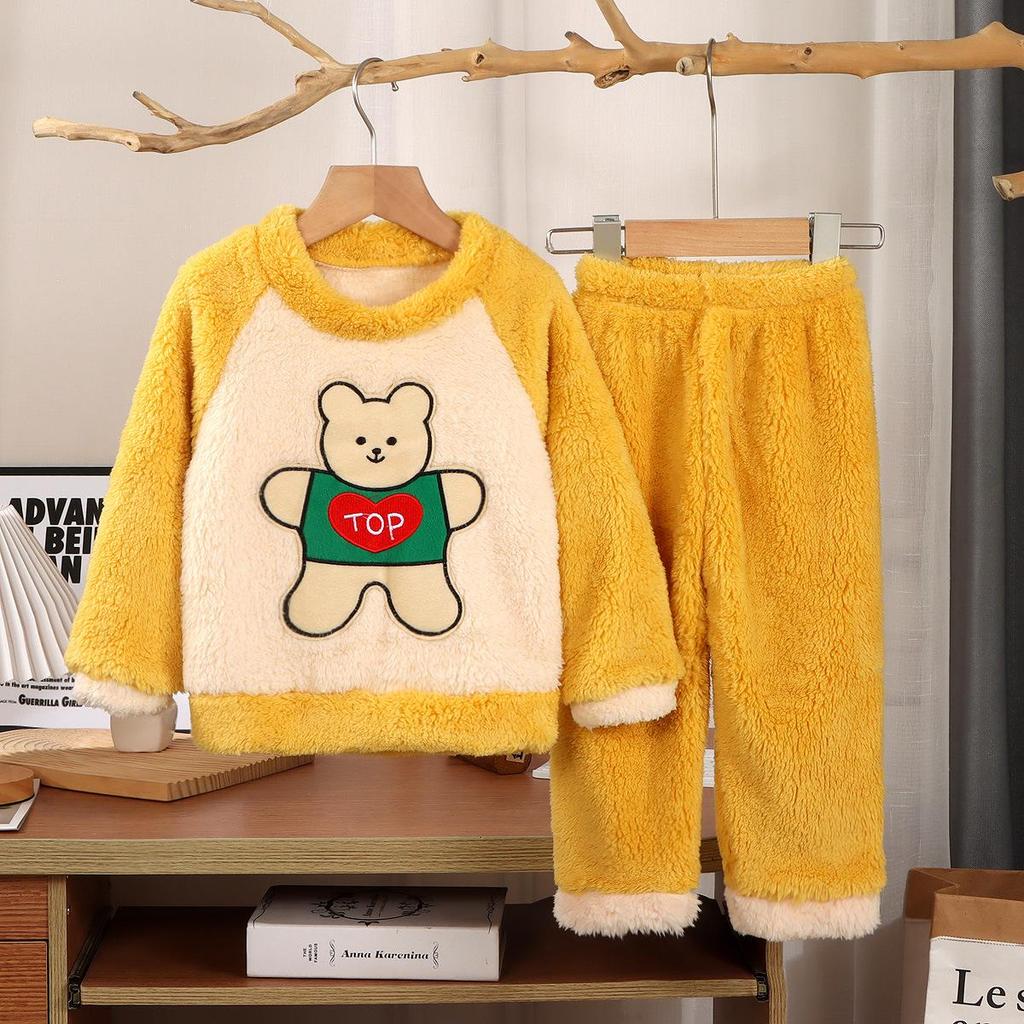 Kids' Flannel Pajama Set - Thick Coral Fleece, Long-Sleeved, One-Piece Sleepwear for Boys & Girls, Perfect for Autumn/Winter.