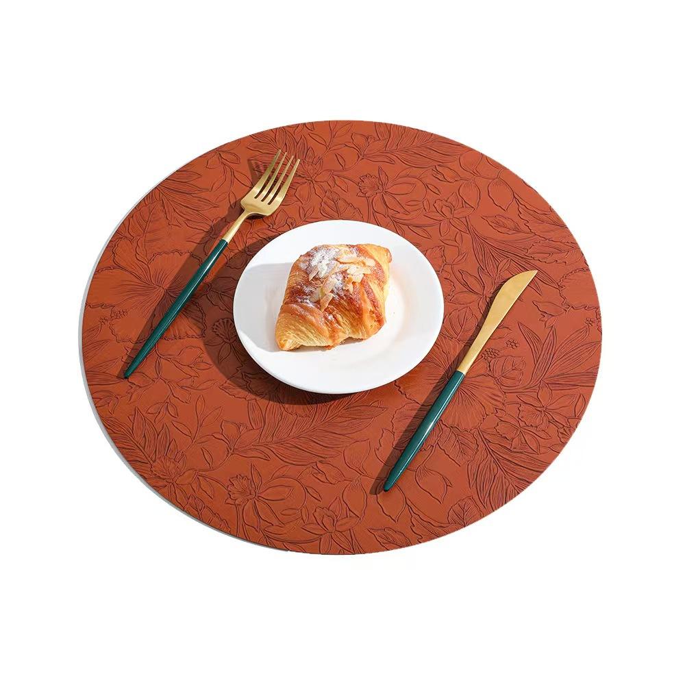 Runde Leder-Tischsets mit floralem Muster 34cm, Hitzebeständig Rutschfest Waschbar, Beidseitig zweifarbig Küchen-Kaffee-Tischsets für Zuhause