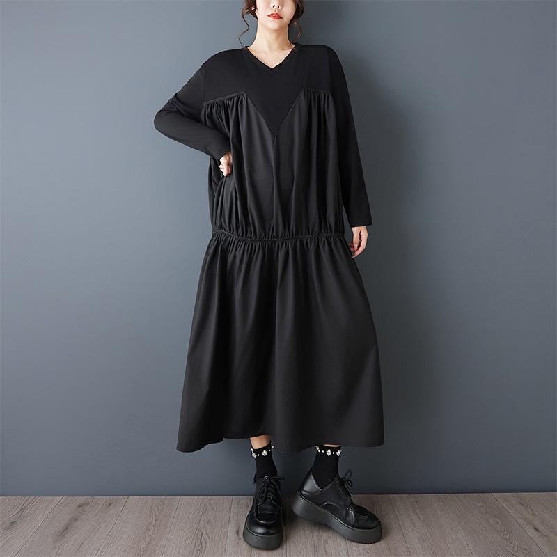 2026 Spring Retro Black V-Cut Patchwork Long-Sleeve Loose Fit Women s Dress L чёрный