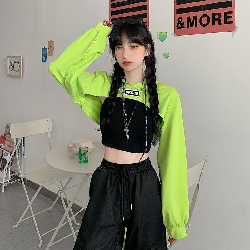 

High Waist Sweatshirt Pullover Autumn Loose Long Sleeve Top Hooded M зелений