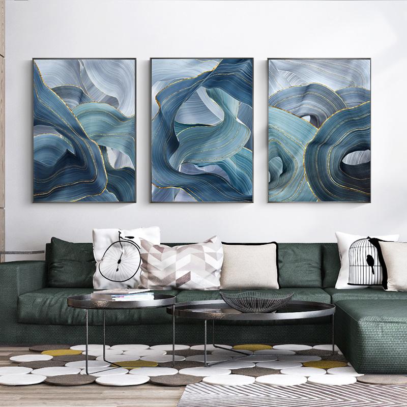 Abstract Blue Green Gold Lines Wavy Geometric Poster New Chinese Canvas Print Painting Modern Wall Art Home Decoration Picture