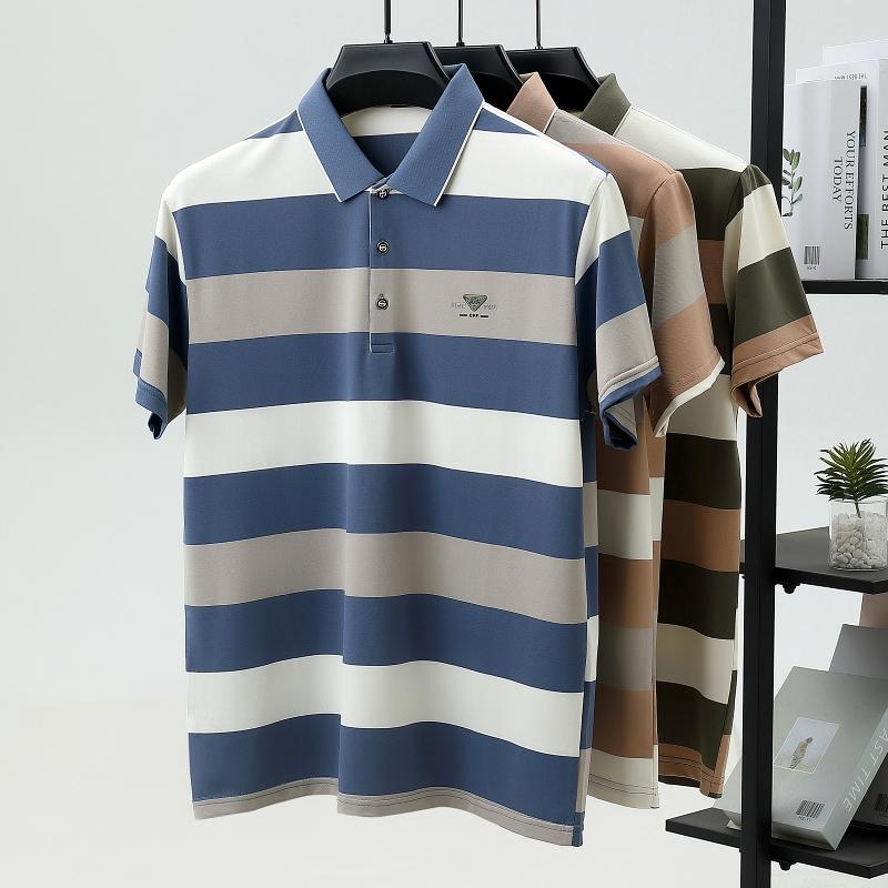 Luxury brand emboss short sleeve polo shirt fashion T-shirt stripe color blocked summer pure cotton comfort casual men's wear
