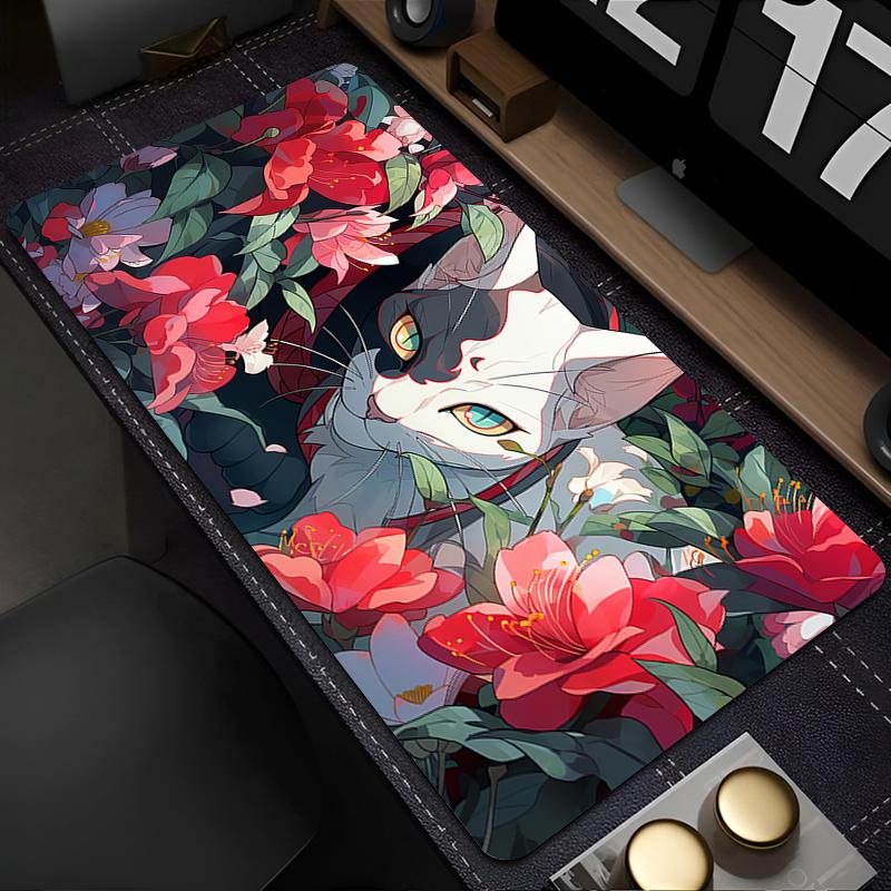 Cute Flowers Black Cat Mouse Pad Computer Anime Mausepad Green Plants XXL Mousepad Kawaii Extended Pad Pc Keyboard Rug Desk Mat