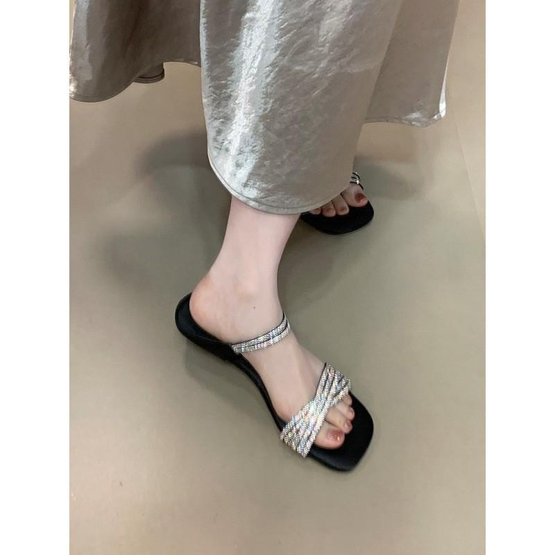 Celebrity Rhinestone with Open-toed Sandals Women's Fashion Temperament One-word Drag Sexy Beautiful Cool Slippers