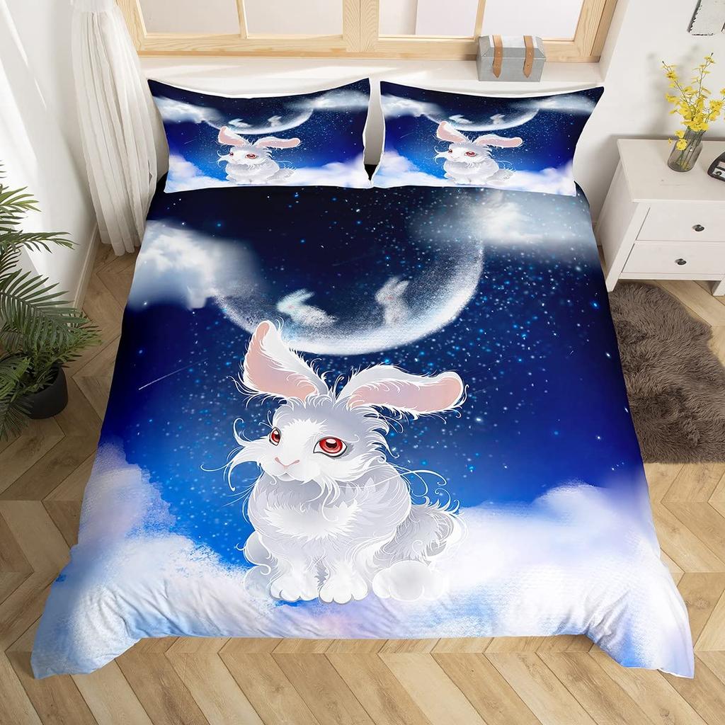 Cartoon Rabbit Duvet Cover Twin Cute Animal On The Moon Quilt Cover Microfiber Cloud Galaxy Space Bedding Set for Boy Girl Gift