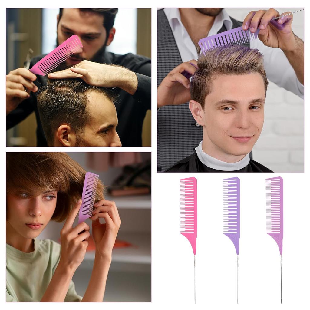 3 Pieces Foiling Comb for Highlighting, 3 Piece Colorful Rat Tail Comb Highlight Weaving Combs for Highlighting Metal Long Steel Pin Hair Dye Combs