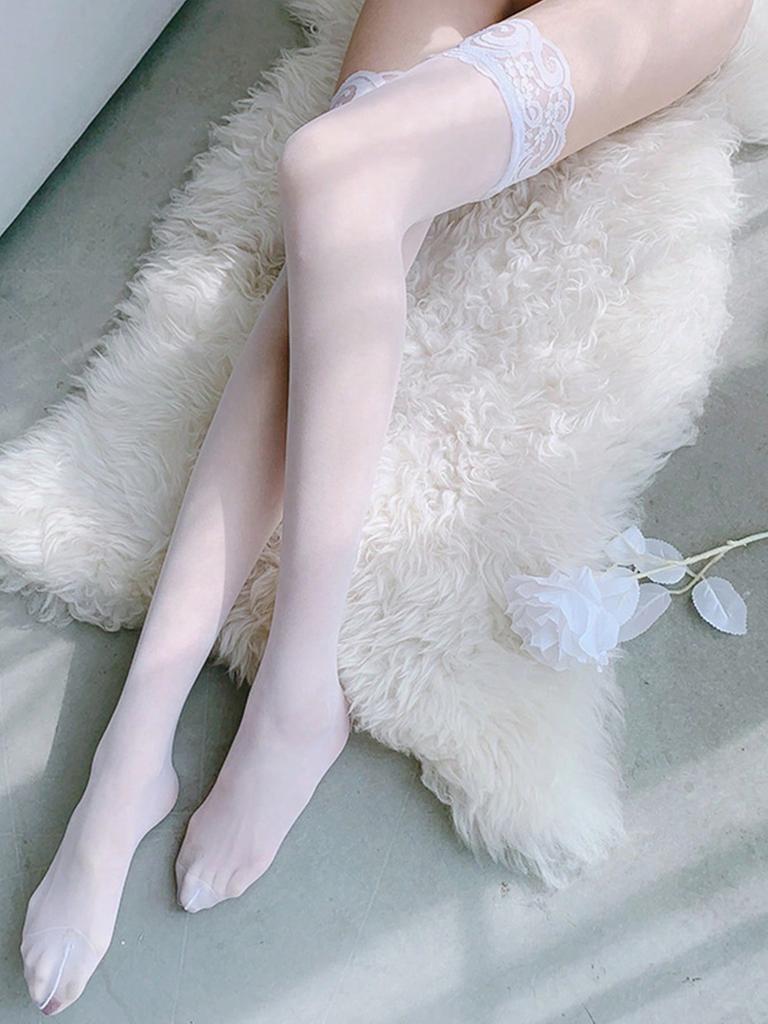 1 Pairs Lace Trim Thigh High Stockings, Smooth Over The Knee Socks, Women'S Stockings