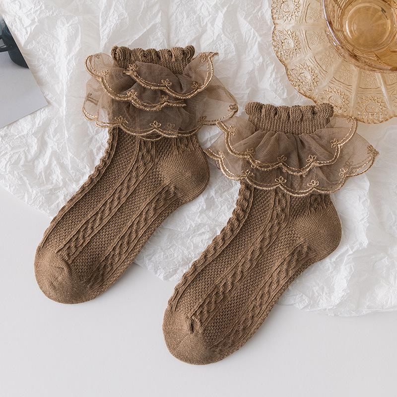 Lolita Lace Cotton Princess Socks for Girls - Black Dance Socks for Spring, Autumn, Winter
