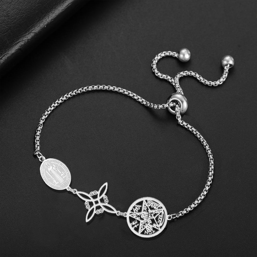 Triple Protection Bracelet St. Benedict Witch Knot Pentagram Tetragrammaton Stainless Steel Adjustable Bracelet