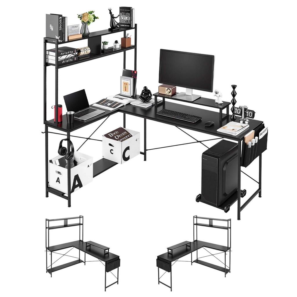 VEVOR L-Shaped Computer Desk, 1.7m Reversible Corner Gaming Desk with Monitor Stand & Movable CPU Stand