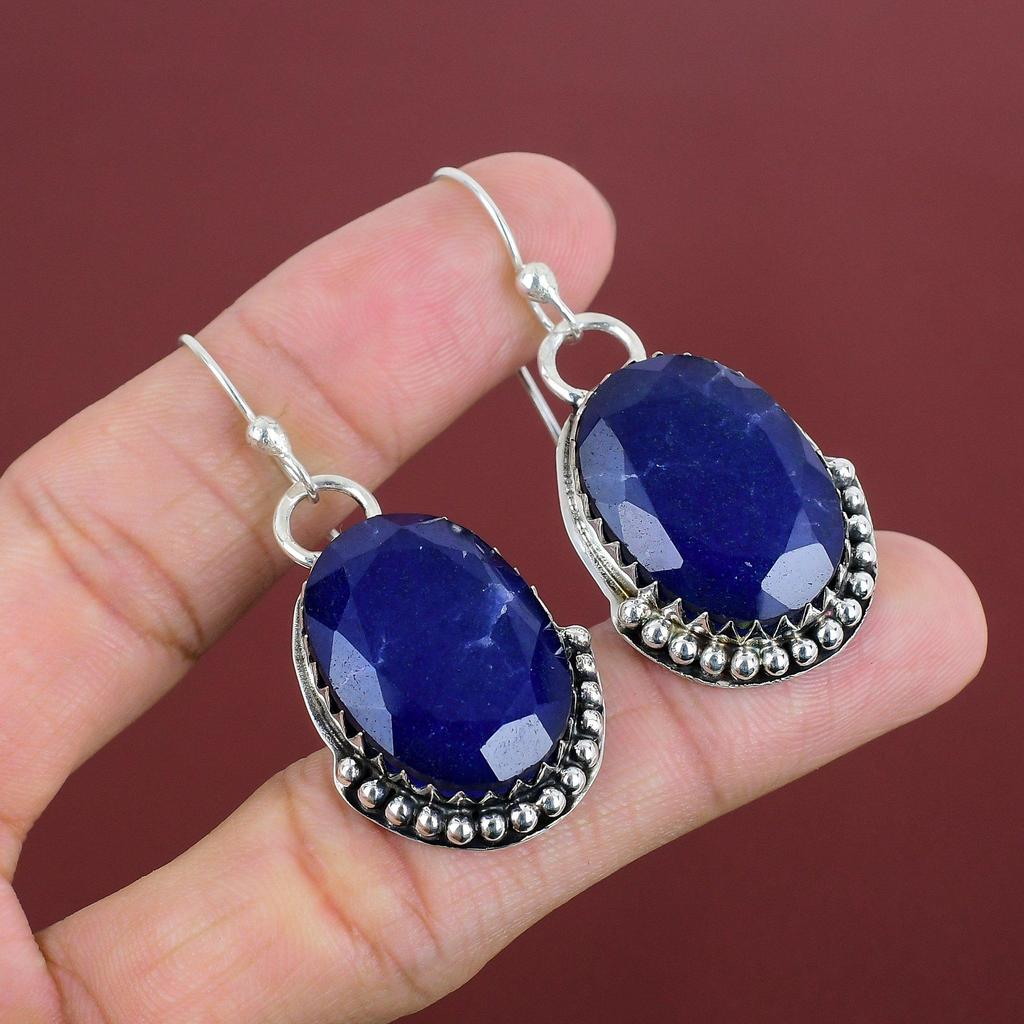 Faceted Blue Sapphire Earring Natural Gemstone Jewelry 925 Sterling Silver Earring Dainty Earrings Handmade Jewelry Engagement Gifts For Her