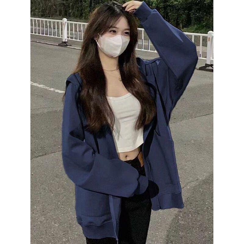 Women's Red Hooded Zip-Up Cardigan - New Year Battle Robe Style, Plus Velvet, Petite Loose Fit for Spring & Autumn