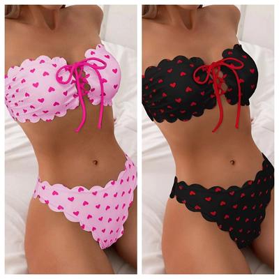 Bandeau Bikini Set Sexy Heart Print Lace Up Tie Front Scalloped Edge Strapless Two Piece Swimsuit Summer Beach Bathing Suit