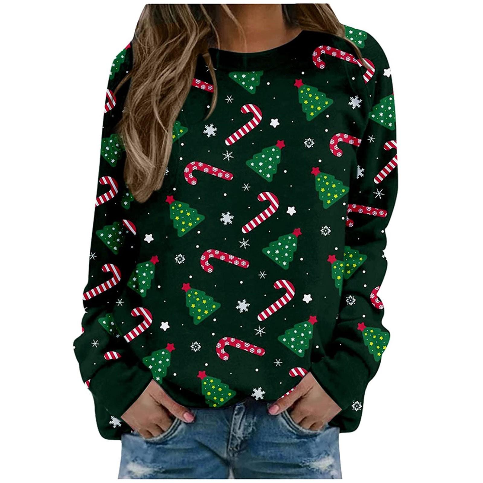 Fashion Women Christmas Print Party Round Neck Long Sleeve Socket Head Tops M зелёный