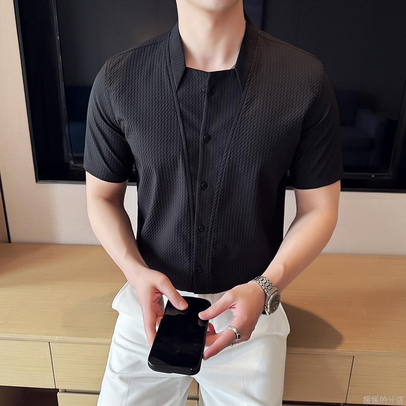 Men's Textured Stand Collar Short Sleeve Button Down Shirt Casual Streetwear Top