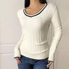 Womens V-Neck Cropped Cable Knit Sweater Slim Fit Long Sleeve Winter Top