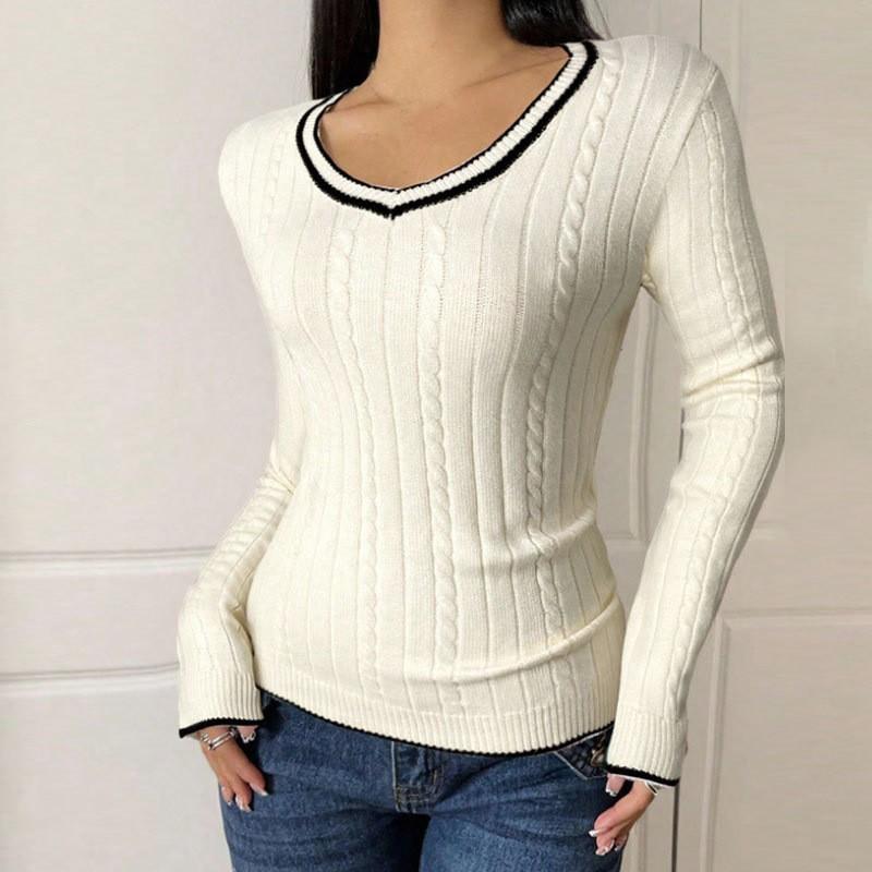 Womens V-Neck Cropped Cable Knit Sweater Slim Fit Long Sleeve Winter Top