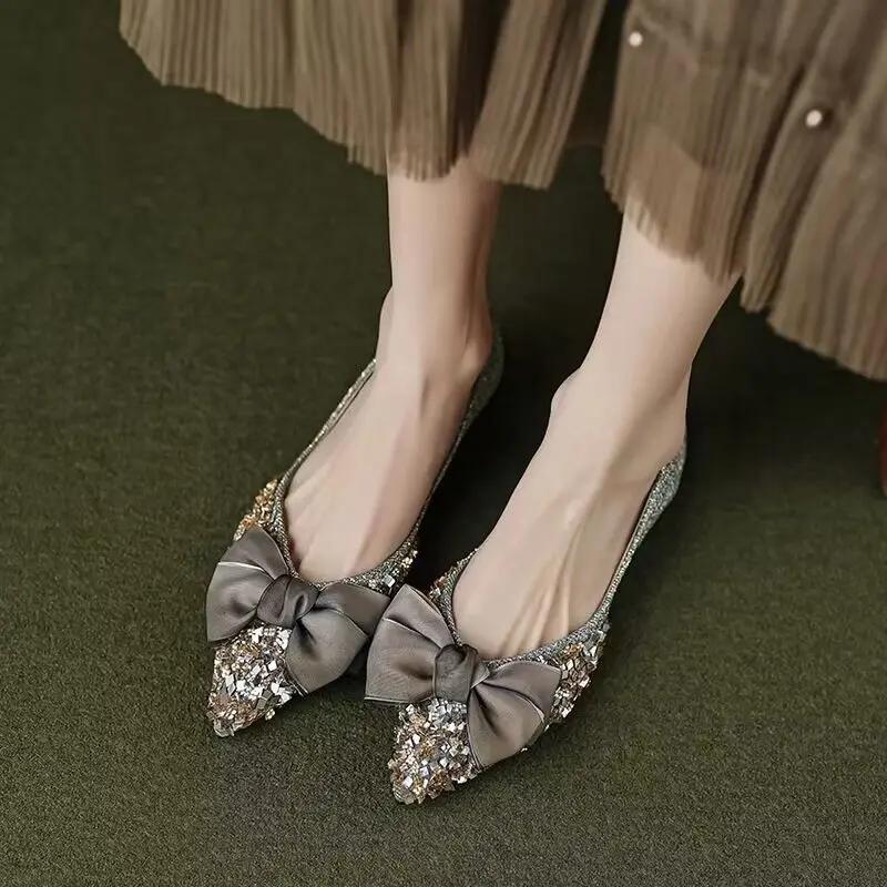 Fashion Ladies Footwear Black with Bow Pointed Toe Gold Summer 2025 Harajuku Clothing Sales Premium Korean Fashion Women's Flat Shoes