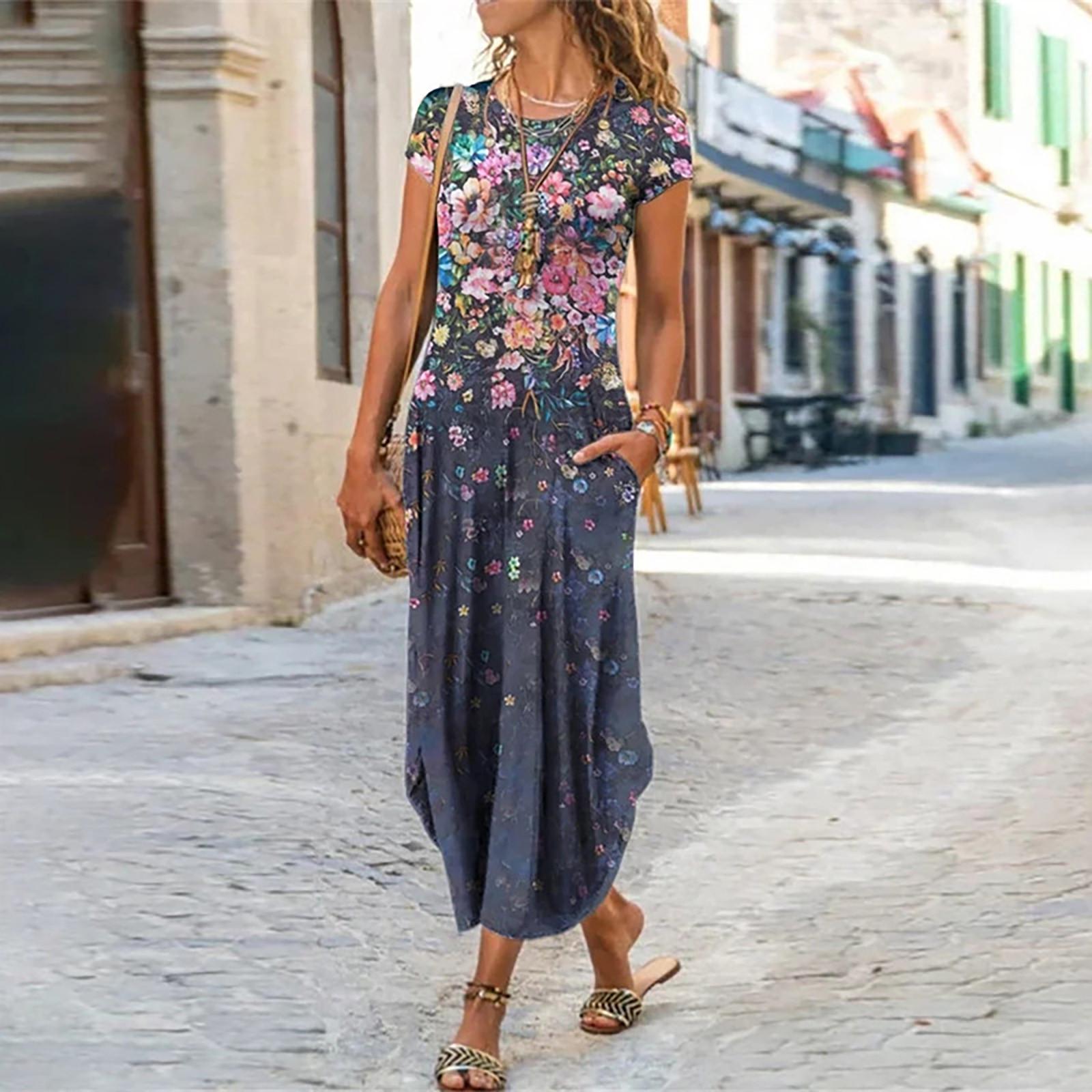 

Women Summer Folk-custom Plus Size Print Loose Short Sleeve Long Dress L
