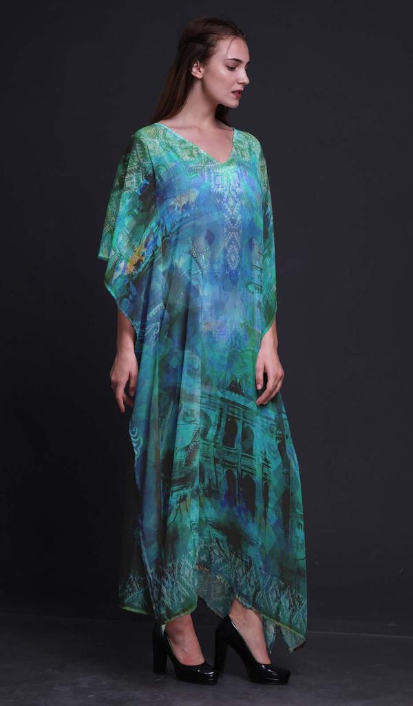 Phagun Mughal Monuments Long Caftan Maxi Dress Beach Swimwear Cover up Womens