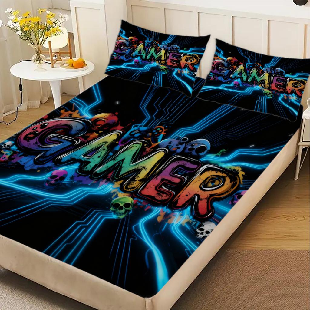 3PCS Neon Gamer Word Printed Fitted Sheet Flat Sheet Set Vibrant Gaming Bedding for Teen Boys Queen Size Trendy Room Decor