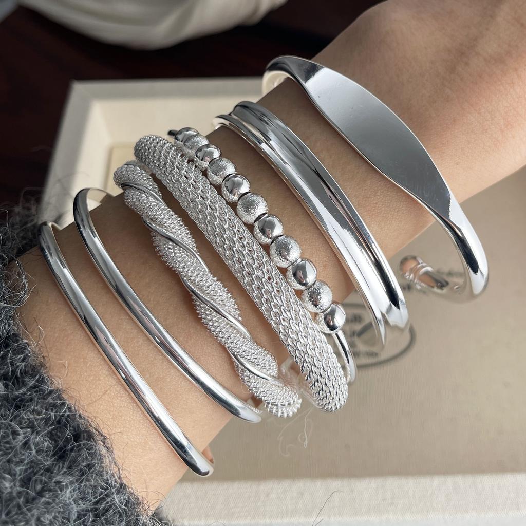 100% Solid 925 Sterling Silver Retro Bracelet for Women Men Handmade Twist Beads Flat Simple Bracelet Birthday Gift