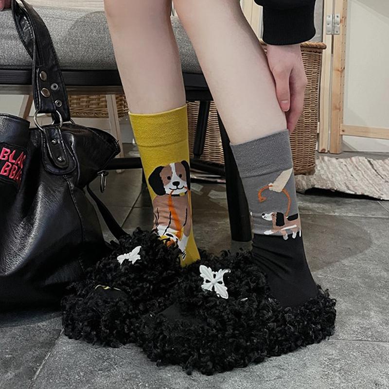 

Asymmetric Autumn Winter Women Socks Funny Cute Cartoon Cat Embroidery Animal Ab Interesting Mid Tube Socks