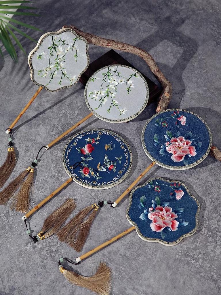 National Trendy Style Retro Style Handmade Mottled Bamboo Fan round Octagon Petals Embroider Flowers Long Fringe Circular Fan Temple Fan