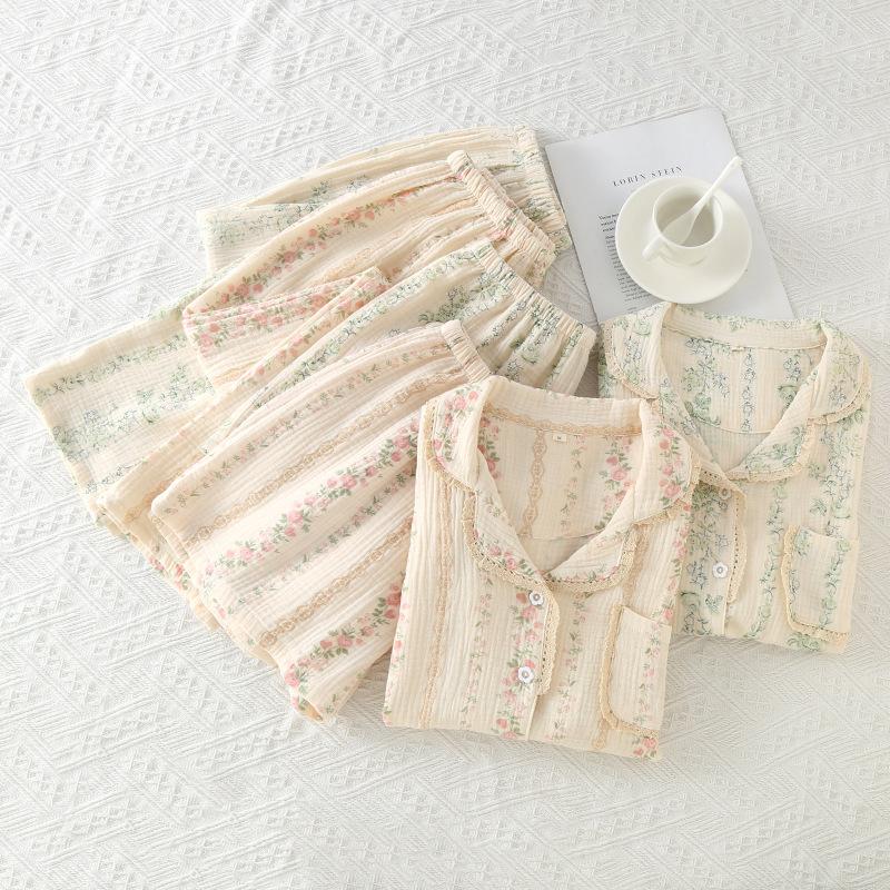 Women's summer crepe cotton yarn lace lapel short-sleeved trousers shorts set three-piece pajamas loungewear