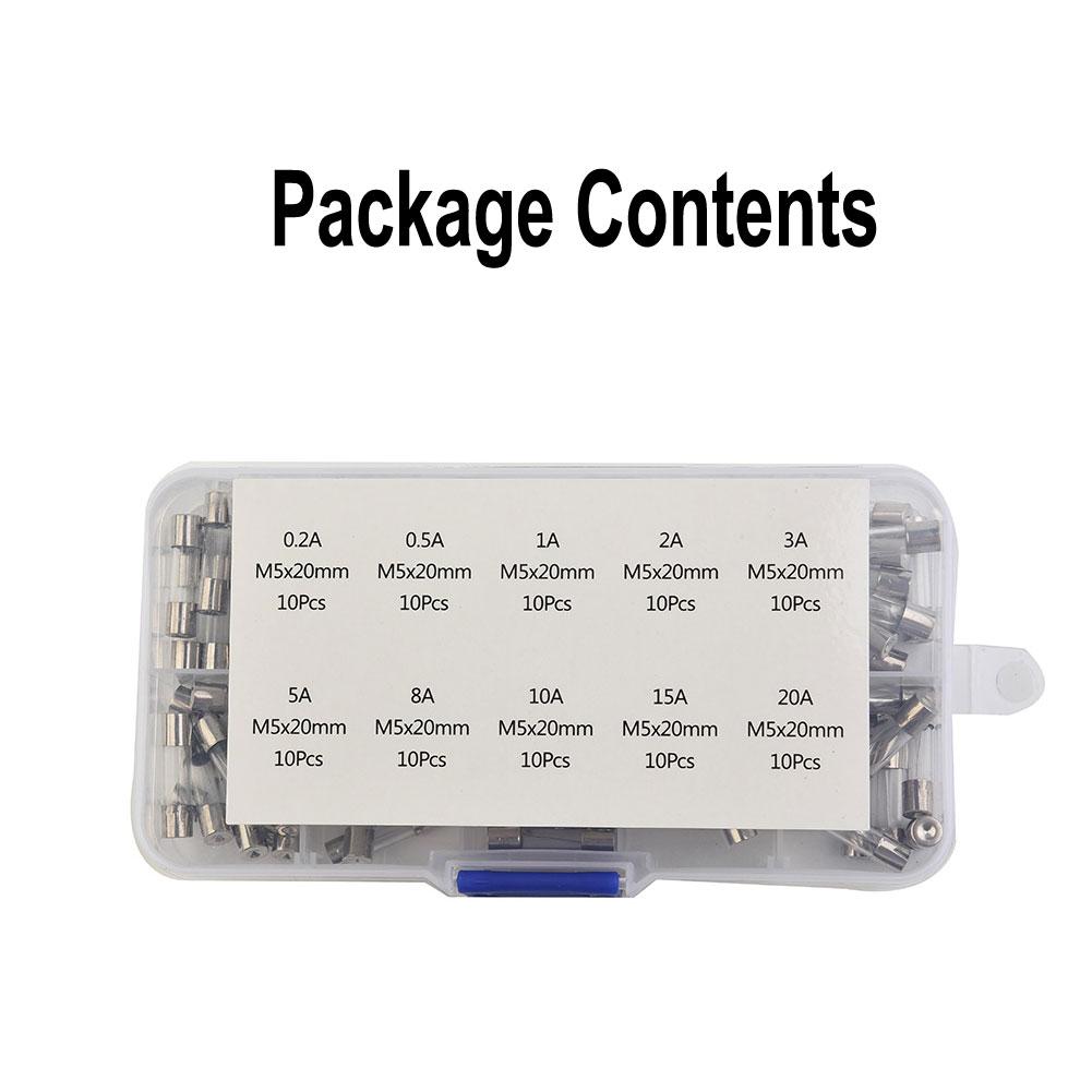 100pcs Insurance Tube Glass Fuses Kit Household 0.2A-20A 100pcs 250V Boxed High Quality Hot Sale Standard Fast Blow