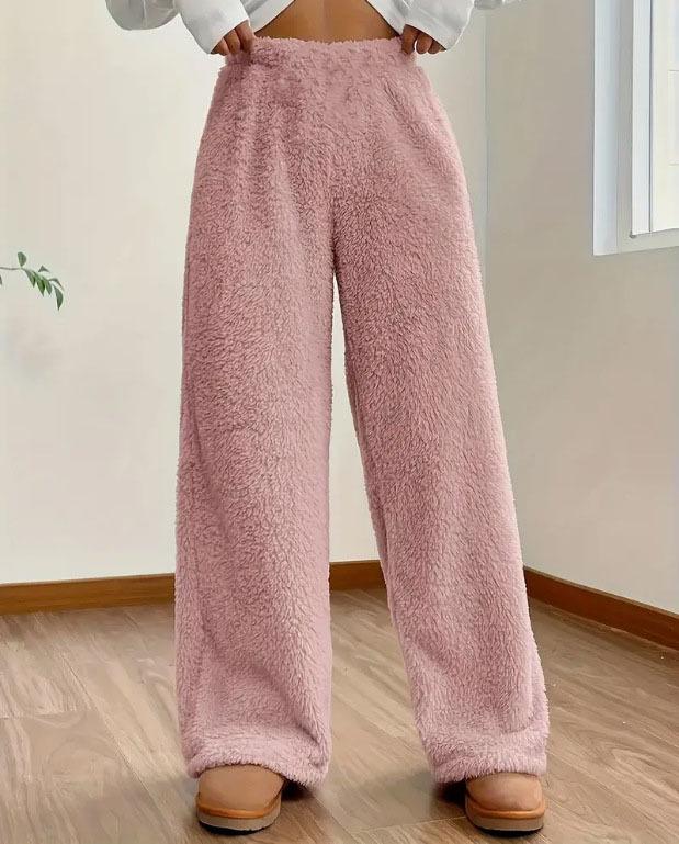 Women's Autumn & Winter Plush Sweatshirt and Loose Casual Pants Set - Solid Color, Warm, and Comfortable Fashion.