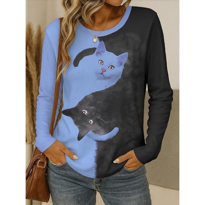Damen T-Shirt Rundhals Langarm Tunika Grafik Tier Katze Vintage Stilvoll Klassisch Runder Hals Normale Oberteile
