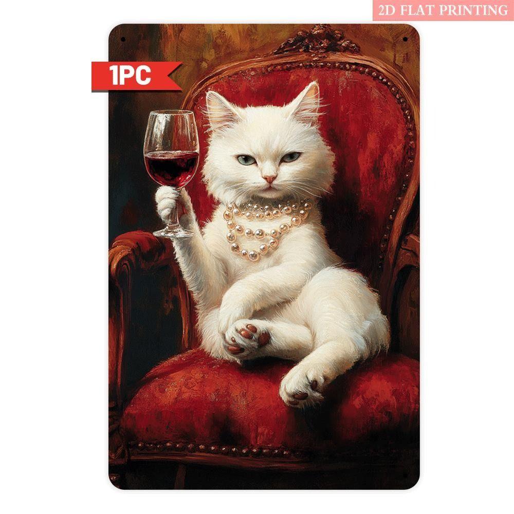 

Vintage Metal Tin Sign - White Cat with Wine Glass on Red Chair, 2D Flat Art, Wall Decor for Living Room