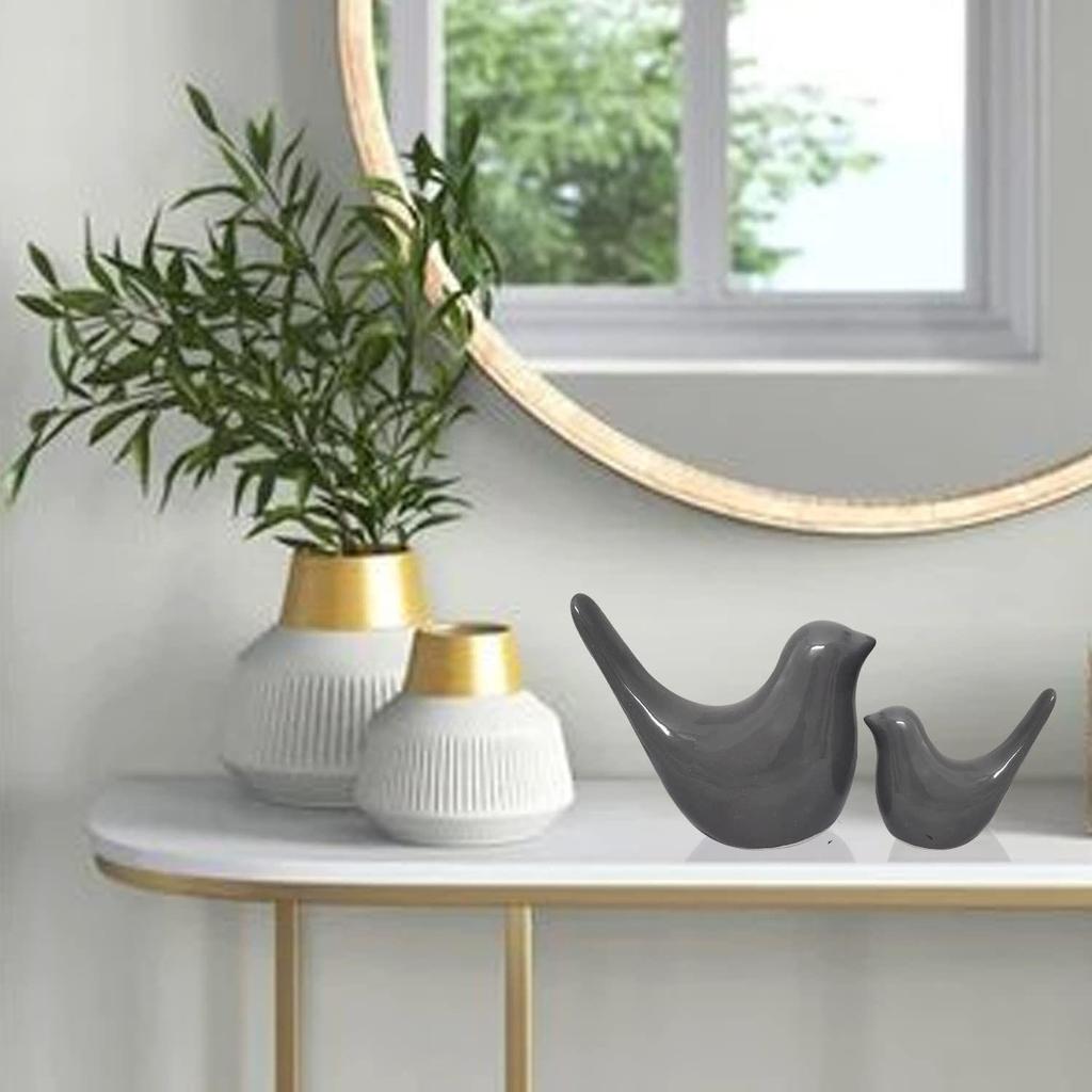 Creative Grey Glossy Ceramic Birds Figurines Home Decorations Accessories Party (Pack of 2, Grey)
