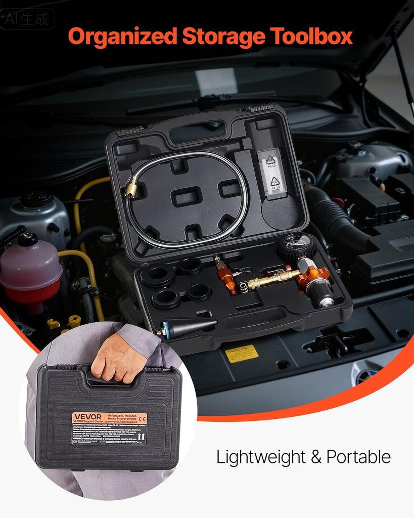 Radiator Vacuum Refill Kit, Automotives Cooling System Vacuum & Purge Fill Tool with Gauge, Portable Radiator Coolant Filling Kit with Toolbox,