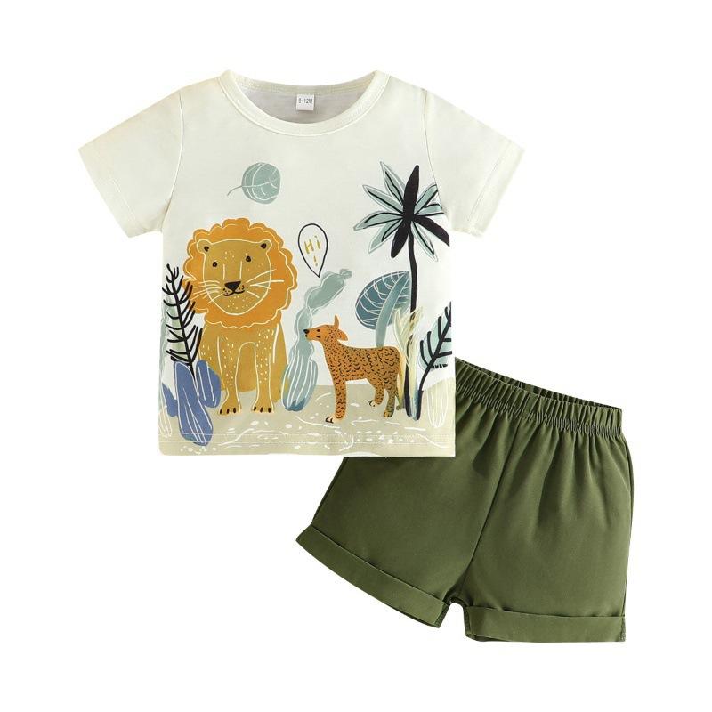 Conjunto de dos piezas para niños de verano con estampado de animales lindos + Pantalones cortos de color liso